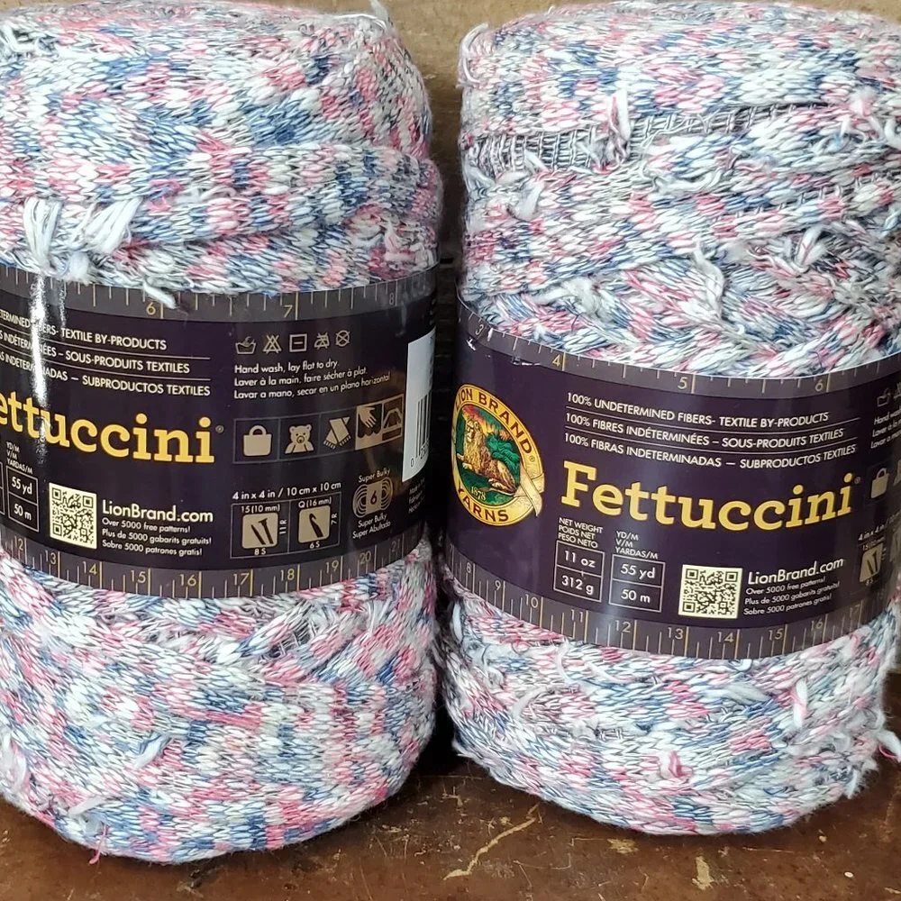 2 Skeins Lion Brand Fettuccini Remnant Yarn - Red, White, Blue Tweed #132c
